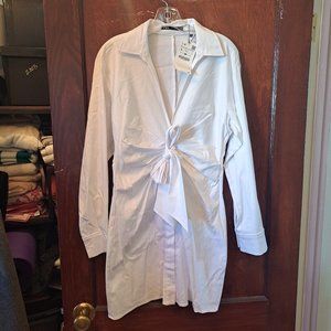 Zara white shirt dress, front tie, ruching, L, new with tags